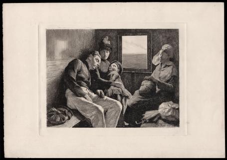 Gravure van Frans Proost, op de trein