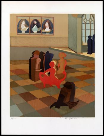 Zeefdruk “De hoeren van Babylon 1969 (106/165)” met silhouetten en gekleurde vloer, Vic Gentils.