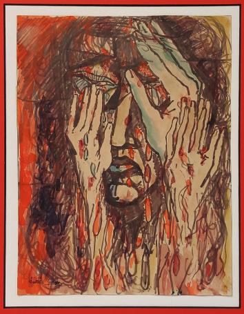 De Belgische kunstschilder George Creten met een aquarel