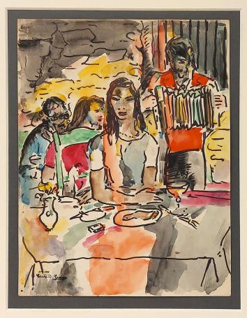 De Belgische kunstschilder George Creten met een aquarel