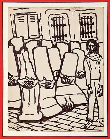 De Belgische kunstenaar George Creten met een tekening