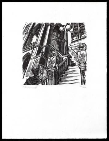 Houtsnede gesneden door de Belgische graficus Gerard Gaudean