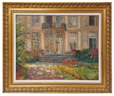 Het herenhuis met de bloementuin, Albert Geudens. Schilderij van een herenhuis met kleurrijke tuin, olie op paneel.