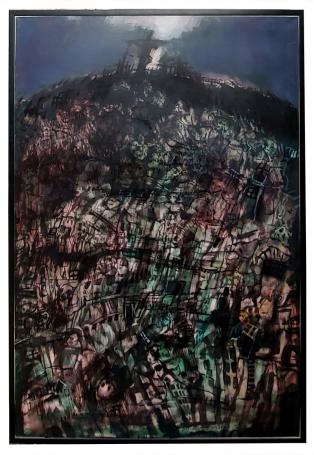 De Kalvarieberg (1983) van Hugo Heyens: donker symbolisch landschap met opgehoopte figuren, kruisen en een lichtopening boven