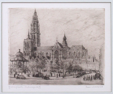 Belgische etser Romain Malfliet met een ets van Antwerpen