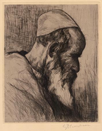 Belgische kunstenaar Gustave Flasschoen met een ets