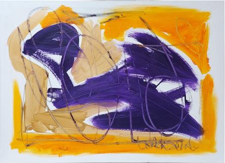 Glenn Vandesande met een groot kunstwerk van acrylverf