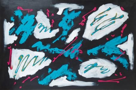 Glenn Vandesande met een groot kunstwerk van acrylverf
