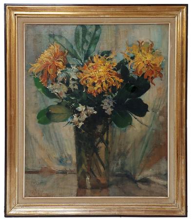 Henri Moreau met een schilderij op canvas