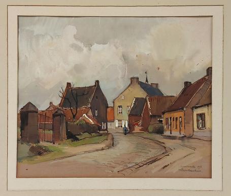 De Belgische kunstschilder Herman Verbaere met een schilderij