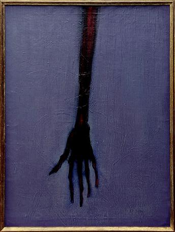 Hugo Heyens met een schilderij uit 1980