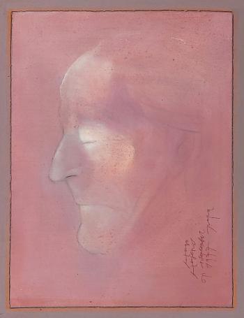 Hugo Heyens met een schilderij op paneel