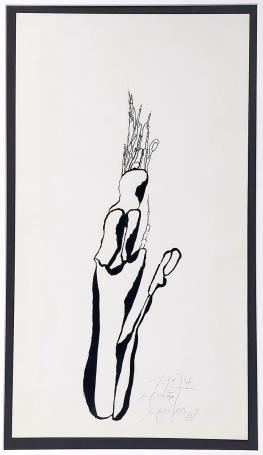 Hugo Heyens met een schilderij uit 1974