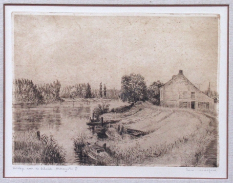 Belgische etser Romain Malfliet met een ets van Moerzeke