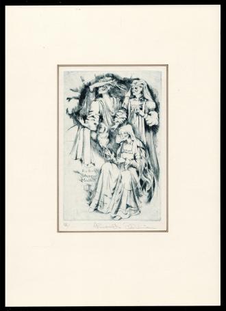 Droge naald ets van Hermina Horváth, ex libris uit 1995