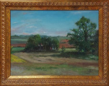 Painting by Teresa Beth Hough, Zicht op landschap bij Waterloo 2015, landscape with fields and trees, oil on panel, 2015.