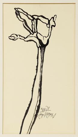 Hugo Heyens met een kunstwerk uit 1974