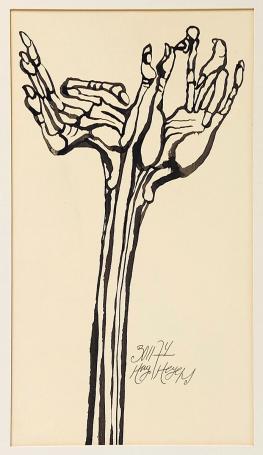 Hugo Heyens met een kunstwerk uit 1974