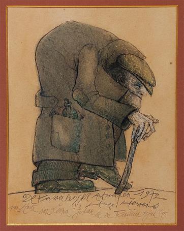 Hugo Heyens met een klein kunstwerkje uit 1972