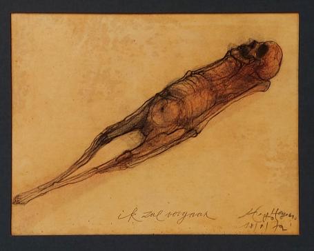 Hugo Heyens met een tekening uit 1972