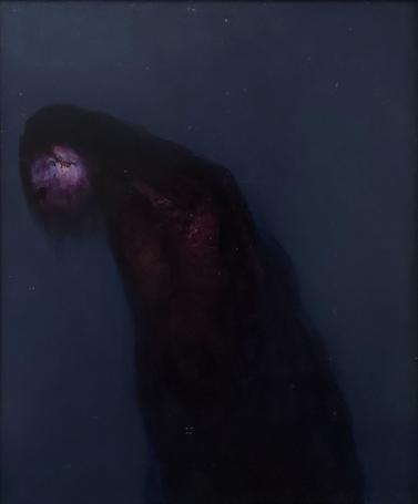 Hugo Heyens met een schilderij in acrylverf