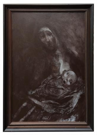 Schilderij “Moeder en Kind uit 1987” van Hugo Heyens met expressieve donkere compositie van moeder en kind.