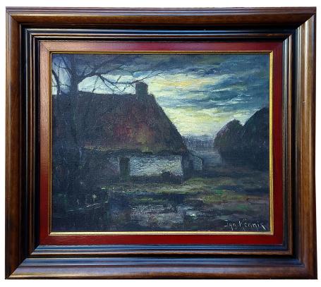 Schilderij “Boerderij aan het ven bij valavond” van Ignace Kennis met boerderij, ven en avondlucht.