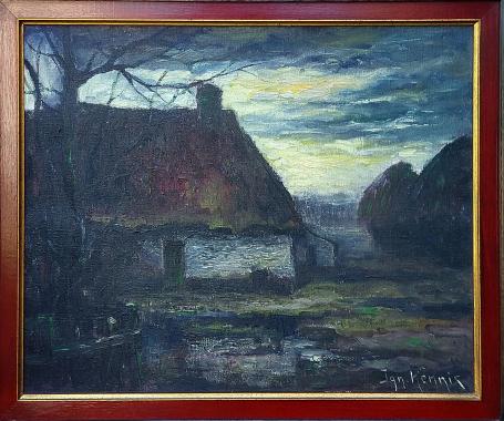 Painting “Boerderij aan het ven bij valavond” by Ignace Kennis with farmhouse, pond and dusk sky.