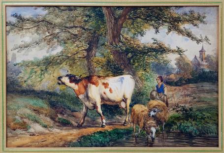 Aquarelle d’une bergère – Ildephonse Stocquart – Journée d’été à la campagne (vers 1870)