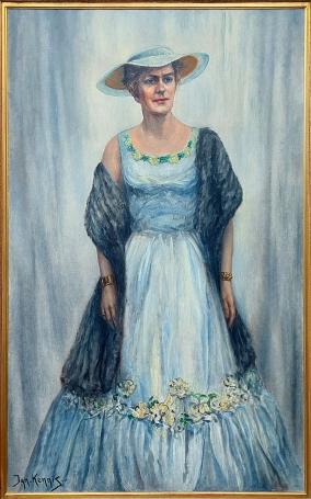 Painting “Statige dame” by Ignace Kennis showing a woman in a blue evening gown and hat.
