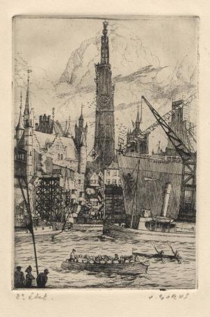 Gesigneerde ets van de Belgische etser Jacques Gorus