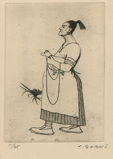 Dame met hondje, een ets van de Belgische etser Jaak Gorus