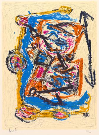De Cobra kunstenaar Jacques Doucet met een werk uit 1989
