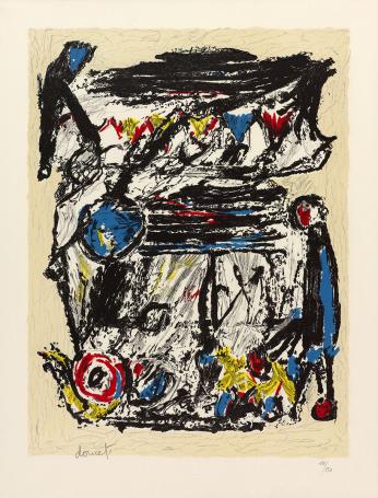 De Cobra kunstenaar Jacques Doucet met een werk uit 1989
