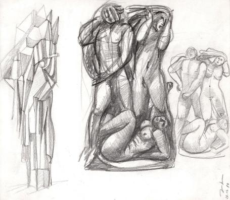 Jan Alfons Keustermans met een schetsblad, voor en achter