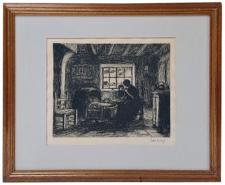 Vrouw bij wieg II, Jakob Smits. Ets van moeder met kind bij wieg in interieur, gesigneerd.