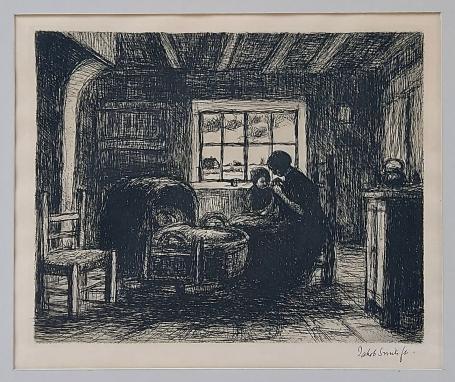 Vrouw bij wieg II, Jakob Smits. Etching of mother with child at cradle in interior, signed.