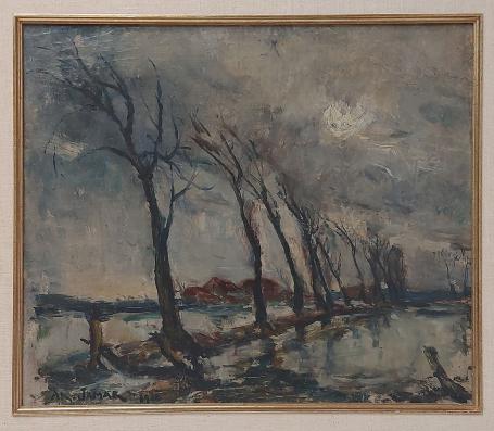 Expressionist winter landscape with a row of bare trees over wet fields, Armand Jamar, 1938.
