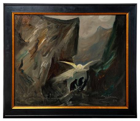 Le Purgatoire XIX L’Ange, Armand Jamar, 1939, olie op doek, engel in berglandschap met twee schimmen.