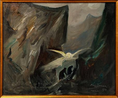 Le Purgatoire XIX L’Ange, Armand Jamar, 1939, oil on canvas, angel in mountain landscape with two shadowy figures.