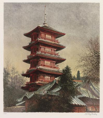Gesigneerd kunstwerk van de Belgische etser Jef Van Grieken, Japanse pagode