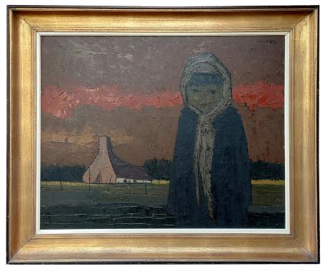 Schilderij “Het meisje bij de boerderij” van Jef Wauters met meisje, boerderij en rode avondlucht.