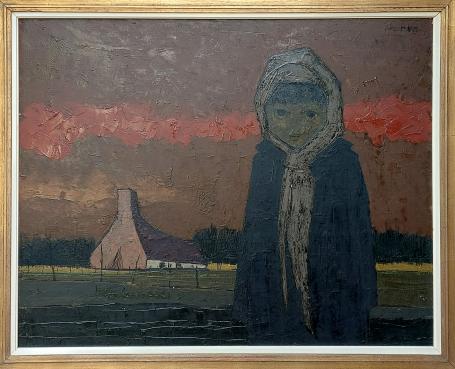 Painting “Het meisje bij de boerderij” by Jef Wauters with girl, farmhouse and red evening sky.