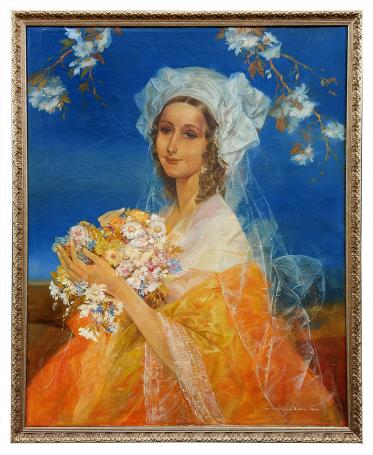 Dame met ruiker in de handen, 1942, Karel Van Belle. Vrouw met bloemen, sluier en kleurrijke mantel tegen blauwe achtergrond.