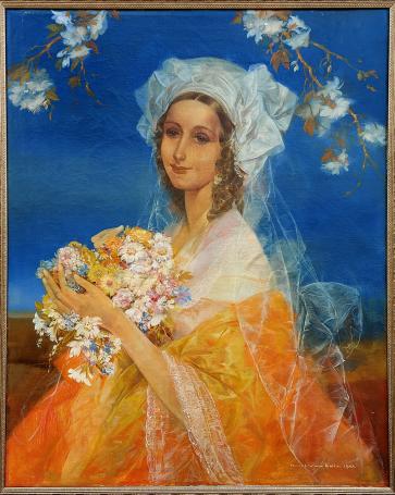 Lady with bouquet, 1942, Karel Van Belle. Woman with flowers, veil and colorful robe against blue background.