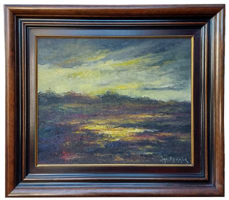 Weids landschap bij valavond, ca. 1950, Ignace Kennis, avondlandschap met natte velden en lichtreflecties onder bewolkte heme