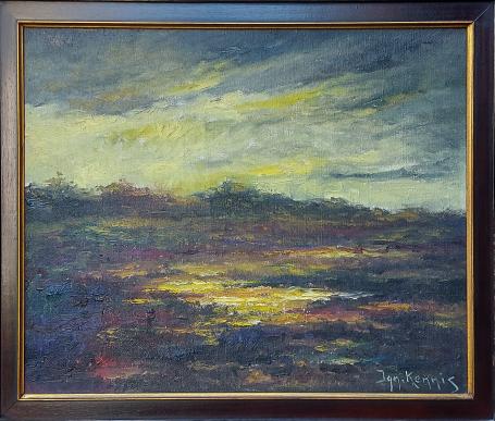 Weids landschap bij valavond, c. 1950, Ignace Kennis, evening landscape with wet fields and light reflections beneath a cloud