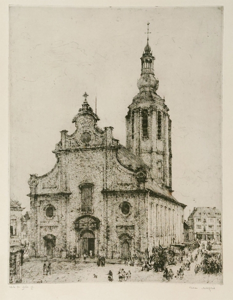 Belgische etser R. Malfliet met een ets van Zele