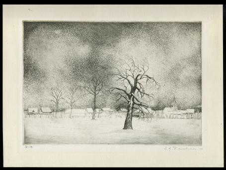 Louis Peeters met een ets van een winterlandschap