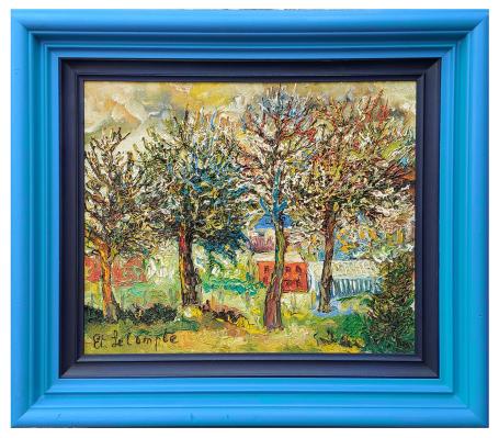 Ontluikende appelbloesem (1977) van Etienne Le Compte: kleurrijk lentelandschap met bloeiende bomen in dikke reliëfstreken.